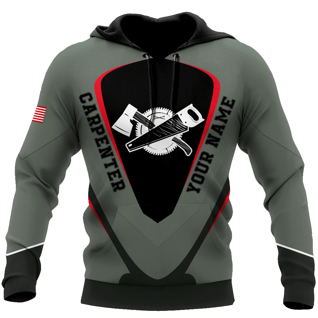 Personalized carpenter hoodie featuring grey red crossed tools all-over print