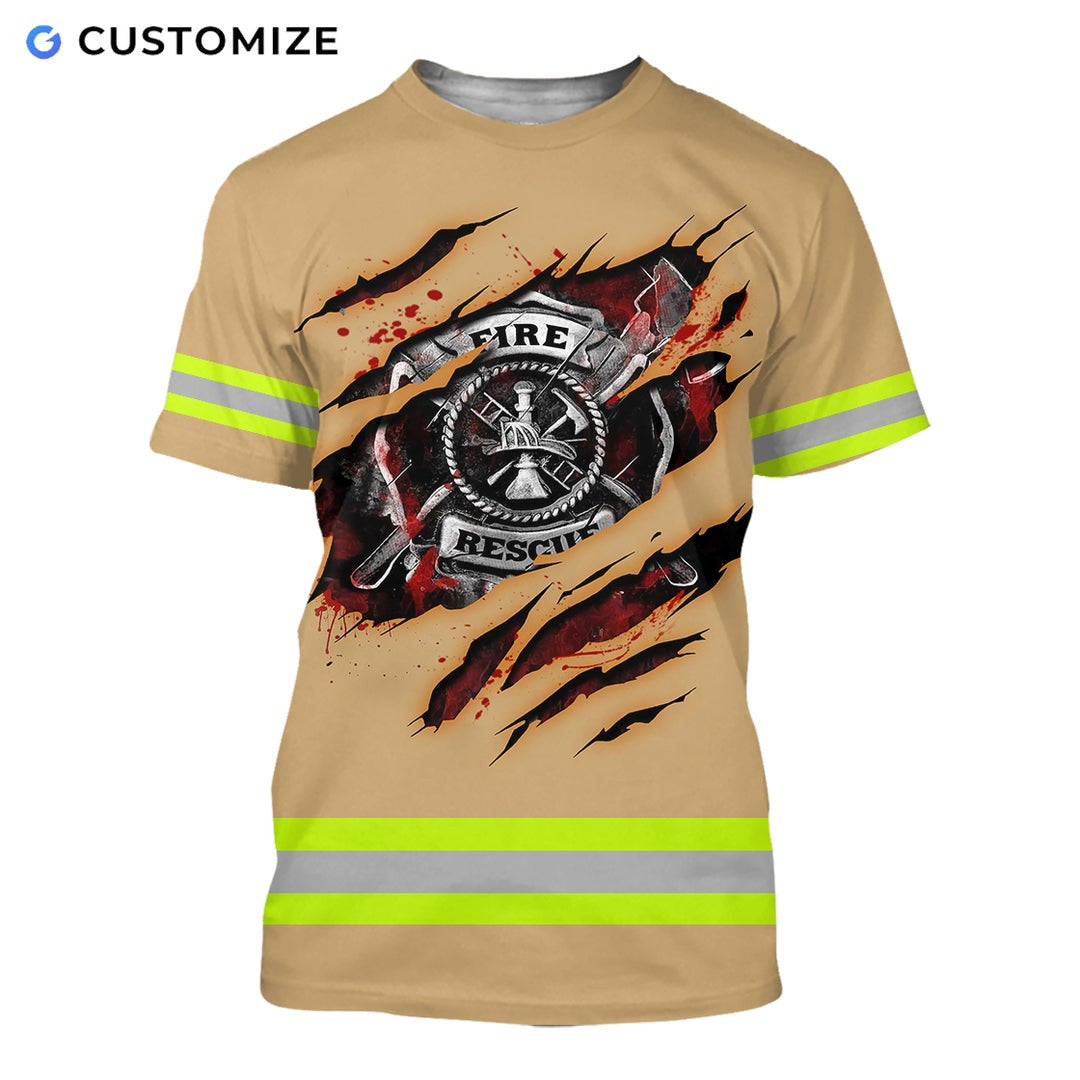 Personalized firefighter t-shirt featuring yellow stripe fire rescue print all-over print, short-sleeve design