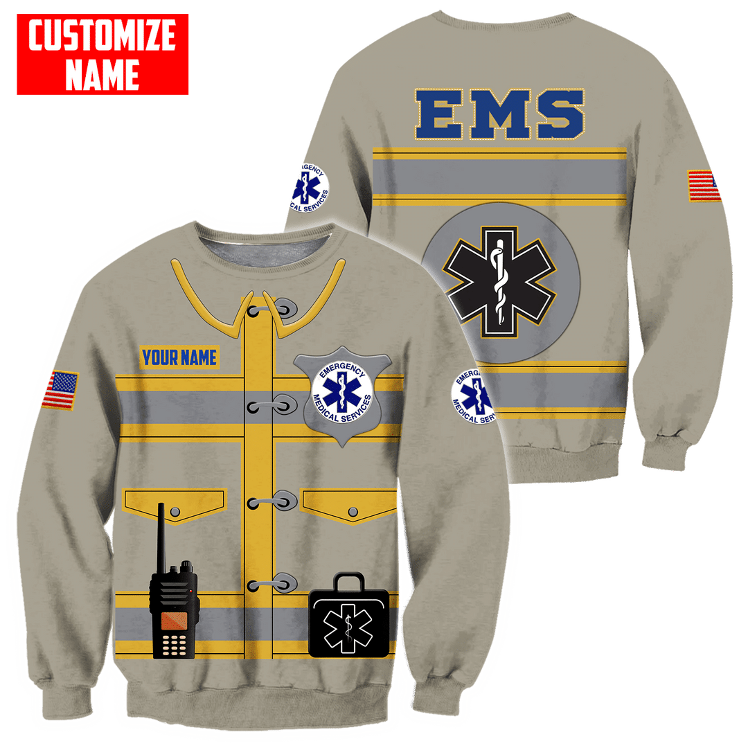 Personalized EMS paramedic sweatshirt featuring tan ems uniform print all-over print, crewneck design