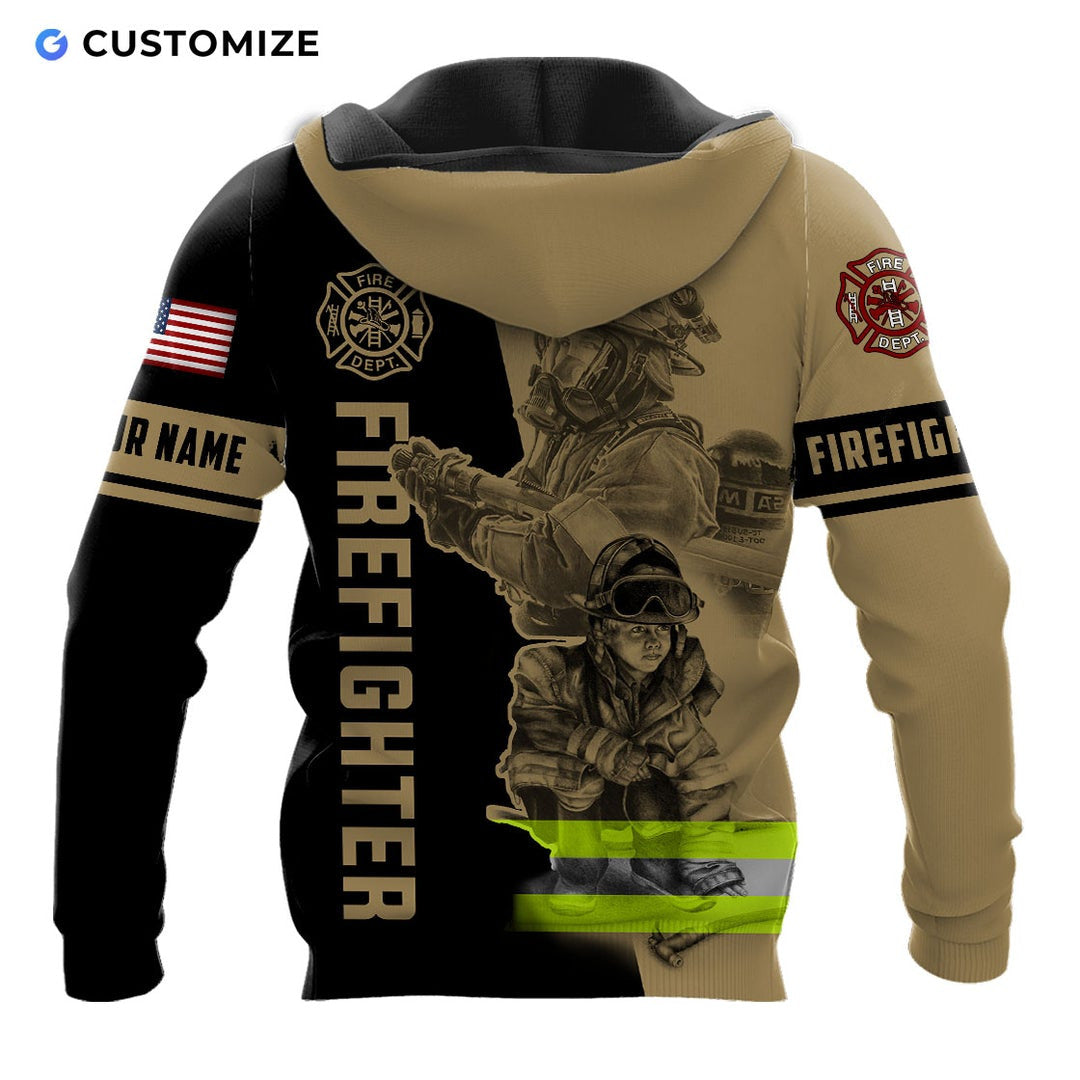 Personalized firefighter hoodie featuring firefighter team illustration all-over print, back view