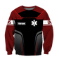 Personalized EMS paramedic sweatshirt featuring red and black ems emblem all-over print, crewneck design