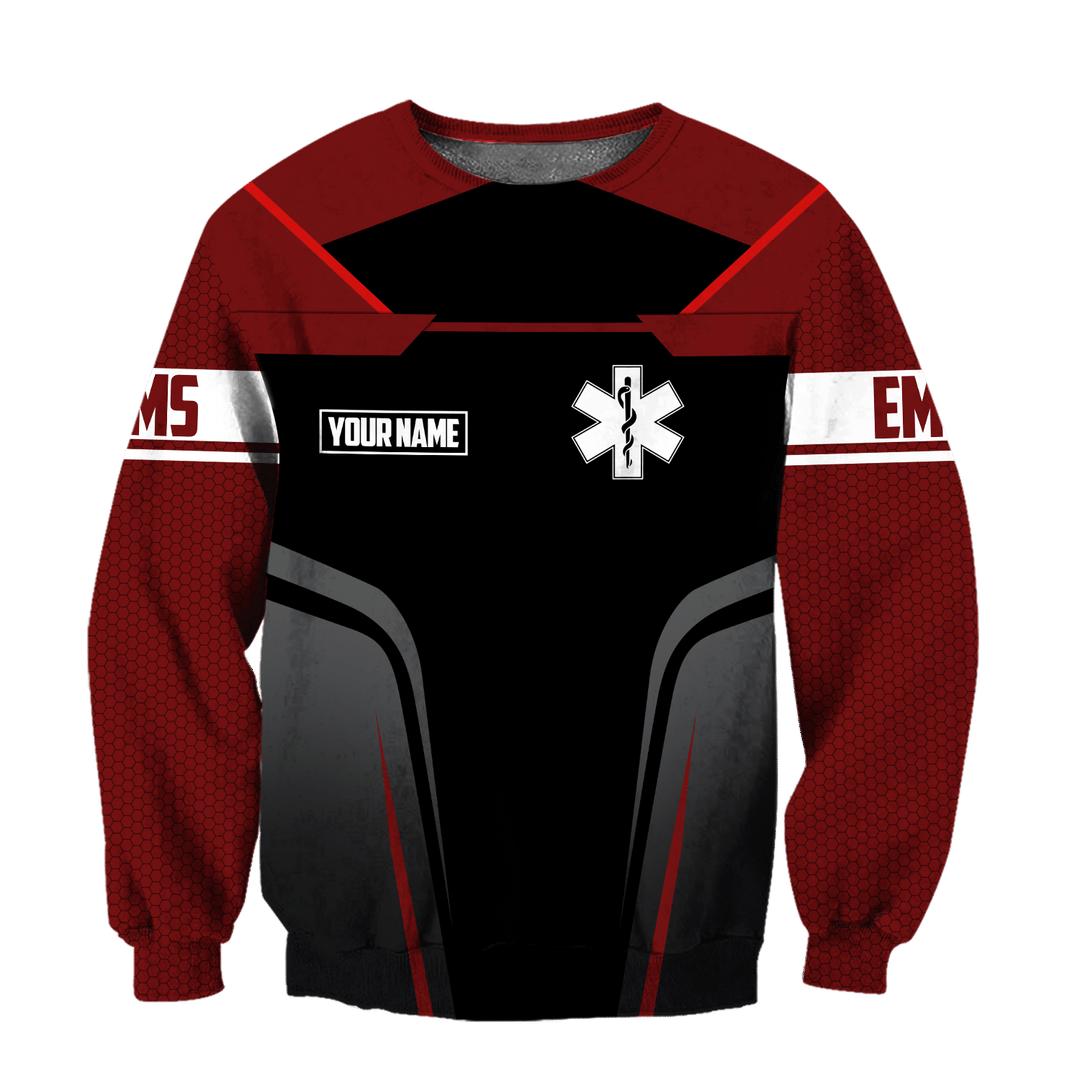 Personalized EMS paramedic sweatshirt featuring red and black ems emblem all-over print, crewneck design