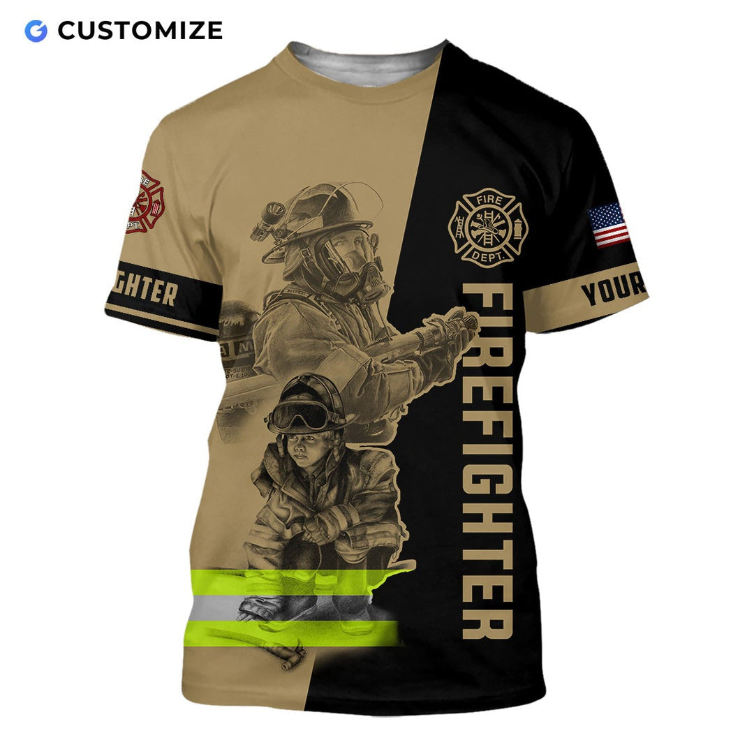 Personalized firefighter t-shirt featuring firefighter team illustration all-over print, short-sleeve design
