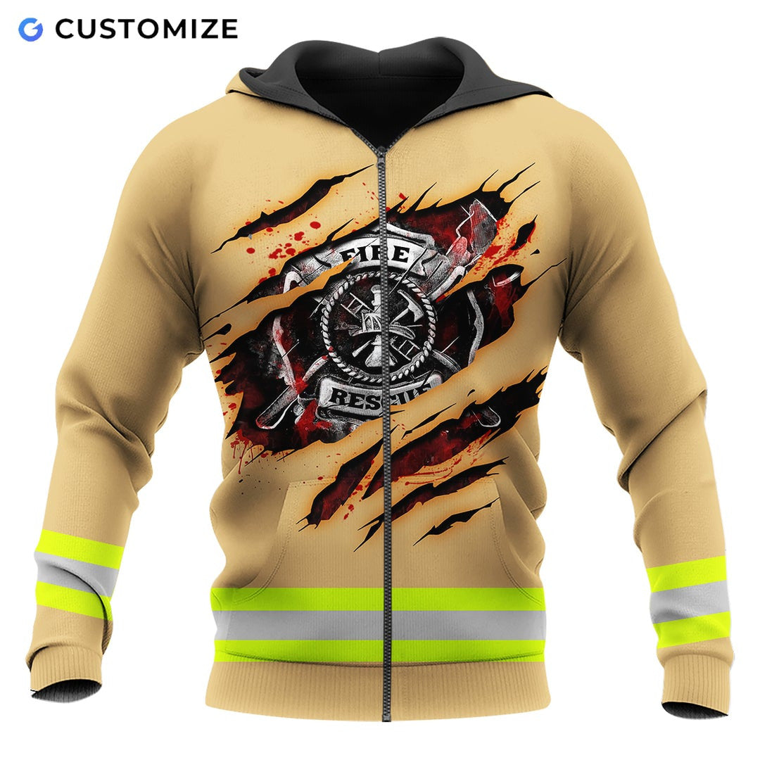 Personalized firefighter zip hoodie featuring yellow stripe fire rescue print all-over print, zip-front design