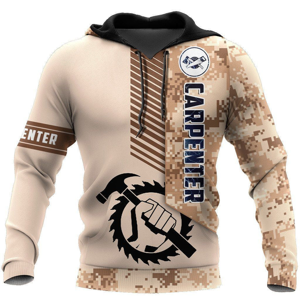 Personalized carpenter hoodie featuring tan camouflage saw blade all-over print