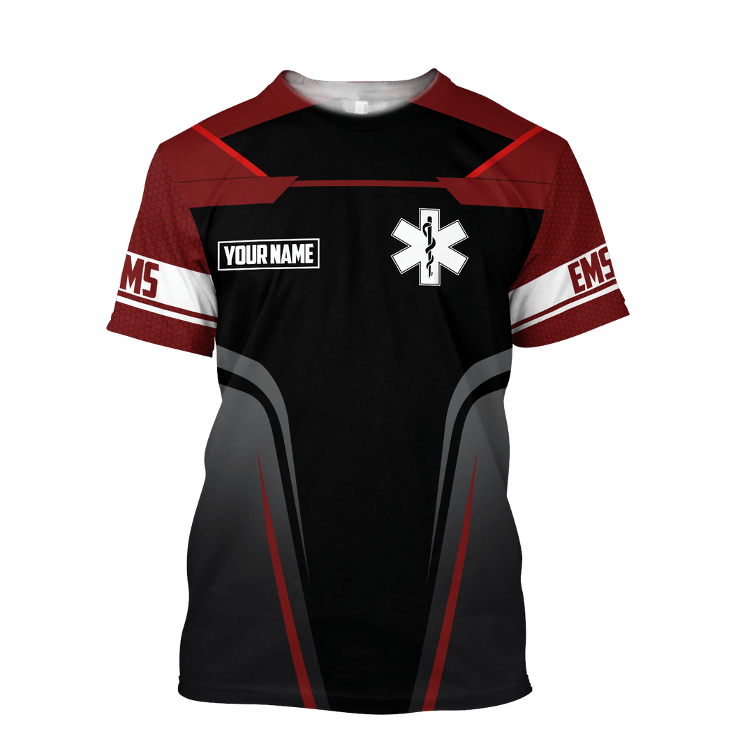 Personalized EMS paramedic t-shirt featuring red and black ems emblem all-over print, short-sleeve design