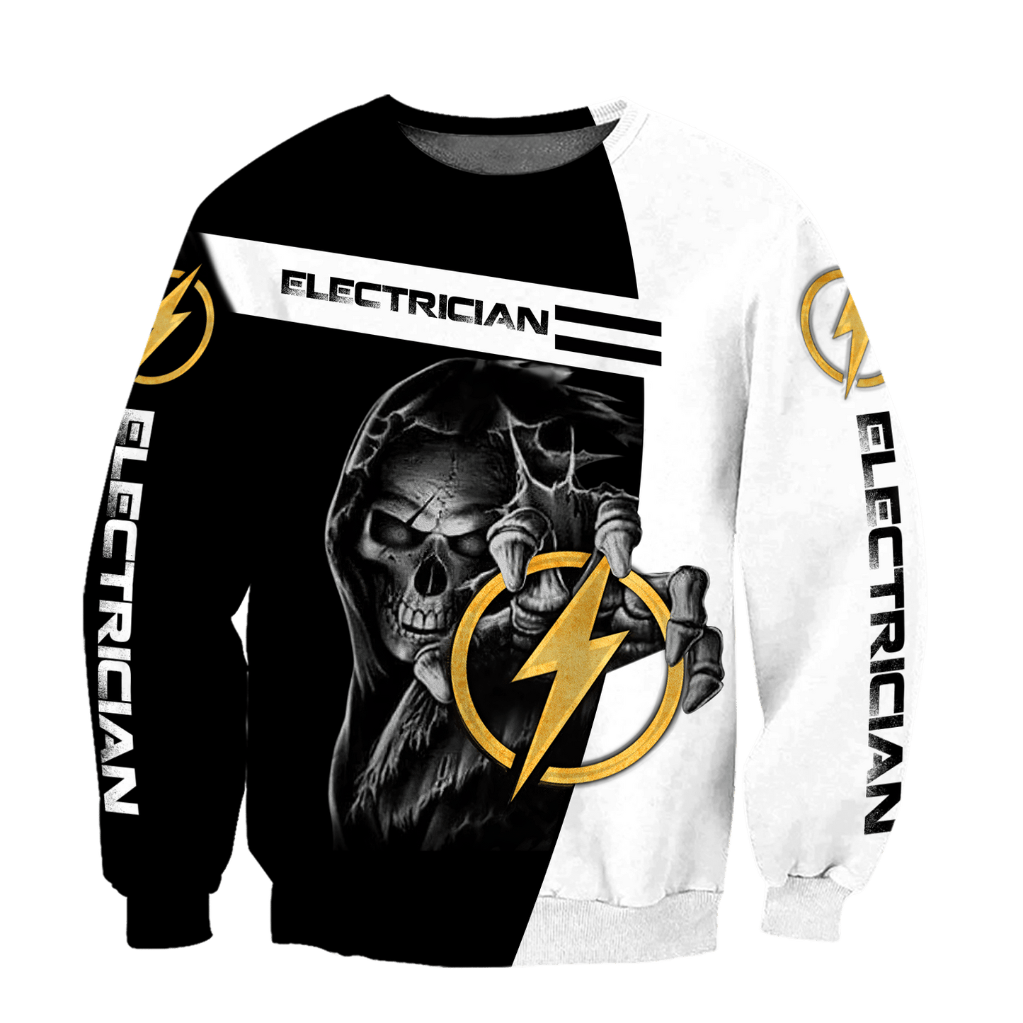 Personalized electrician sweatshirt featuring lightning skull all-over print