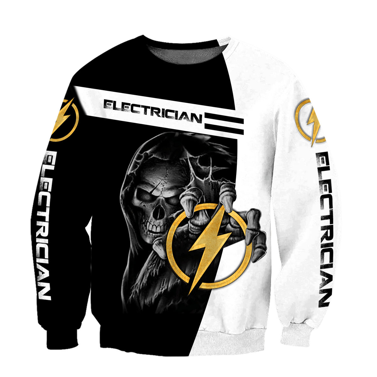 Personalized electrician sweatshirt featuring lightning skull all-over print