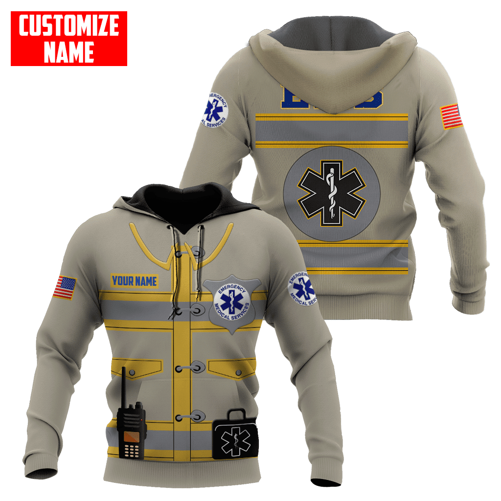 Personalized EMS paramedic hoodie featuring tan ems uniform print all-over print