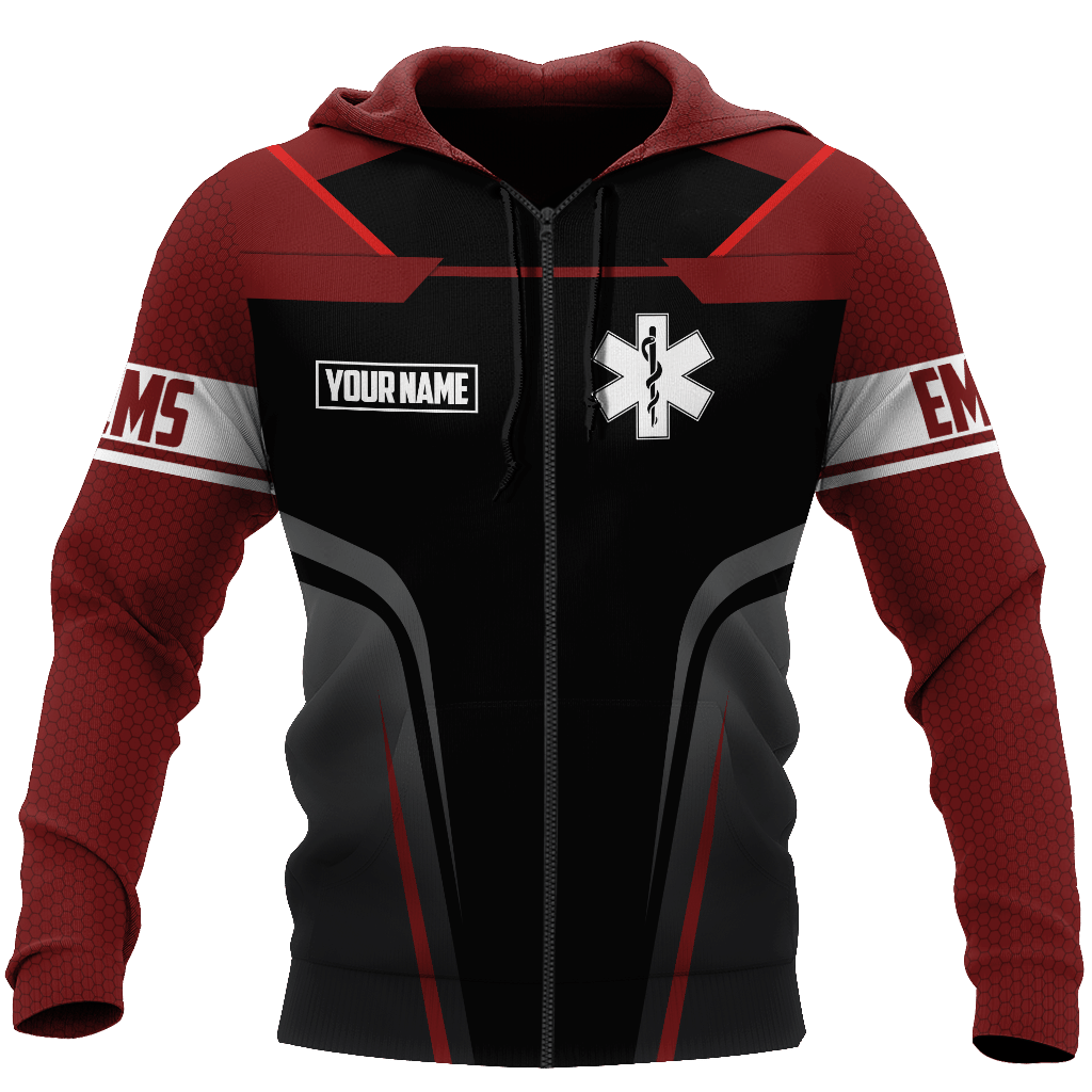 Personalized EMS paramedic zip hoodie featuring red and black ems emblem all-over print, zip-front design