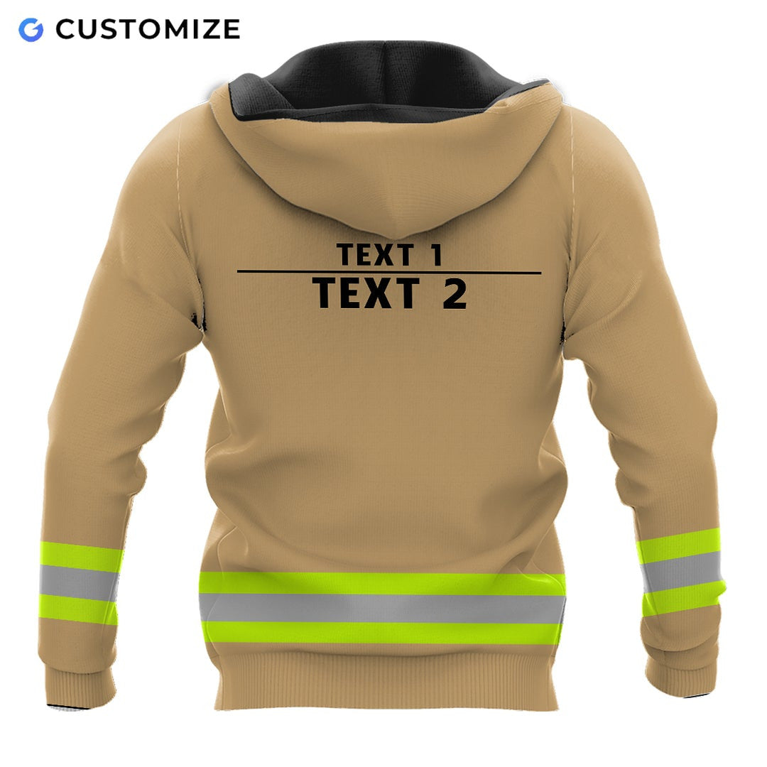 Personalized firefighter hoodie featuring yellow stripe fire rescue print all-over print, back view