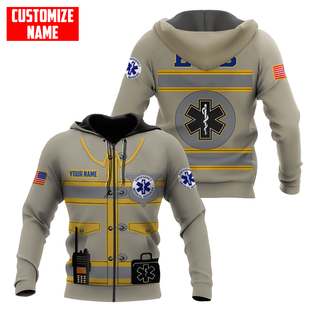 Personalized EMS paramedic hoodie featuring tan ems uniform print all-over print, front and back views
