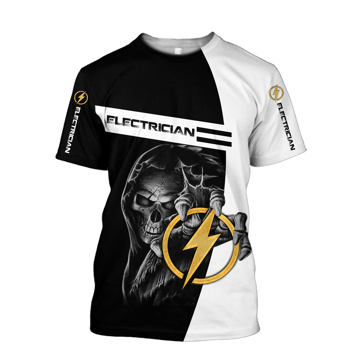 Personalized electrician t-shirt featuring lightning skull all-over print