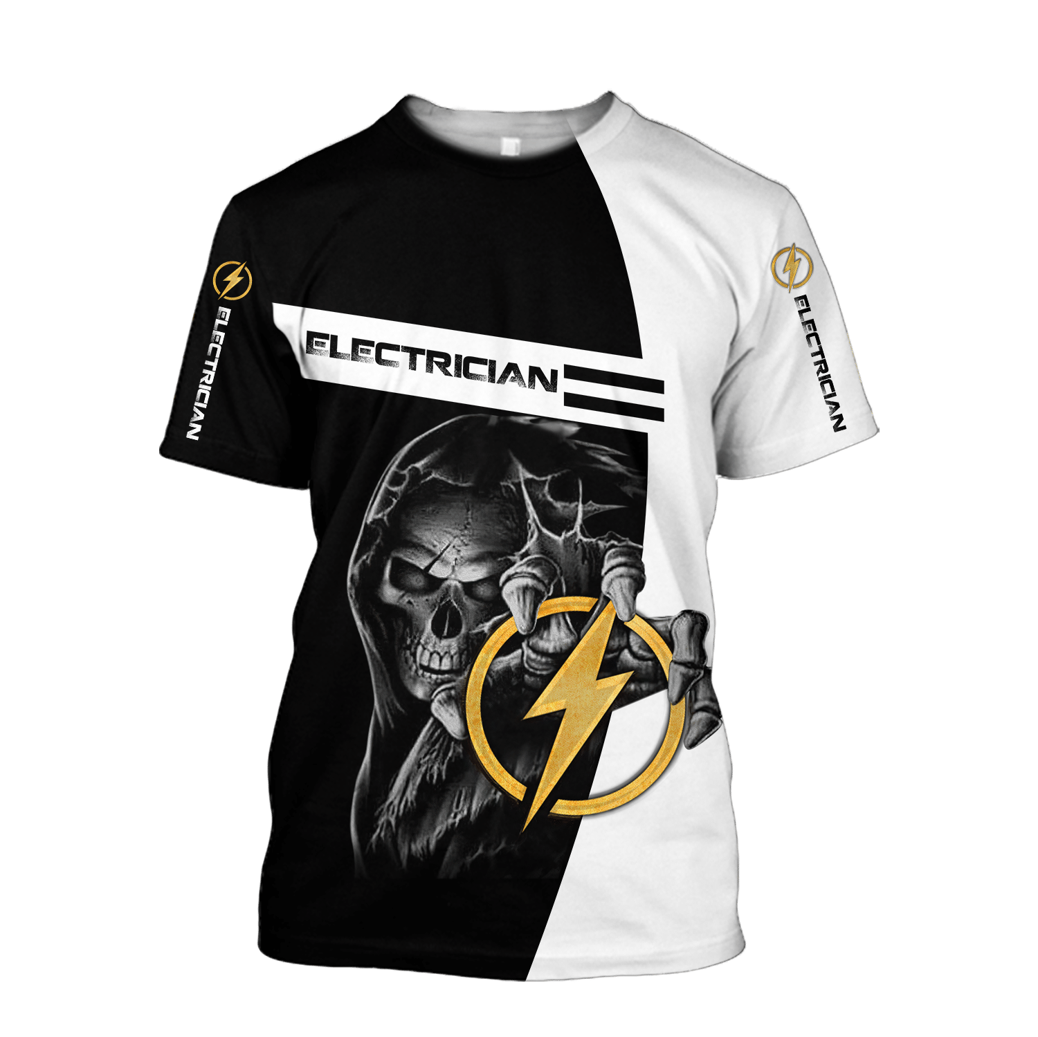 Personalized electrician t-shirt featuring lightning skull all-over print