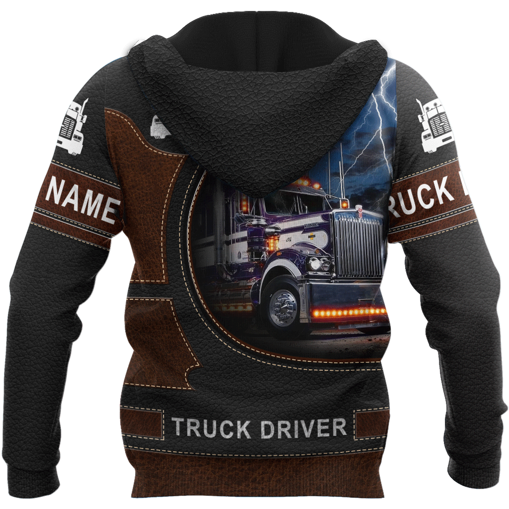 Personalized trucker hoodie featuring blue lightning truck driver all-over print, back view