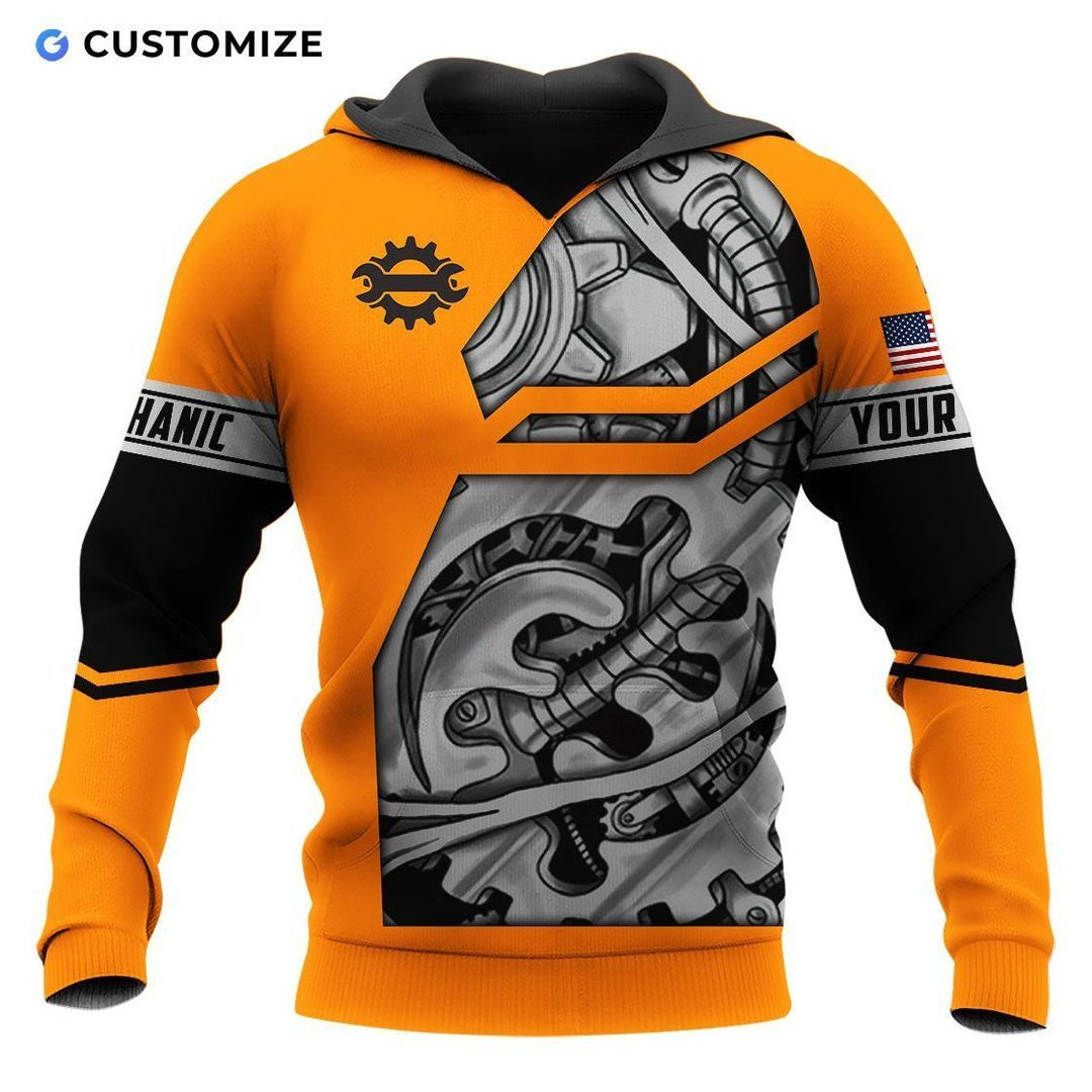 Personalized mechanic hoodie featuring orange gear and wrench all-over print