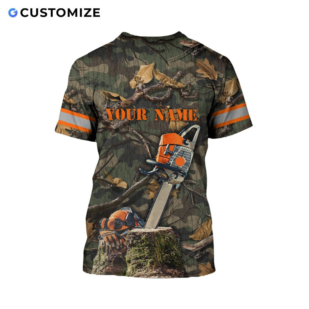 Personalized logger t-shirt featuring woodland camouflage american flag chainsaw all-over print, back view