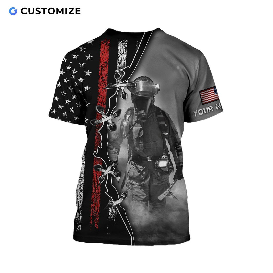 Personalized firefighter t-shirt featuring grey firefighter flag print all-over print, back view