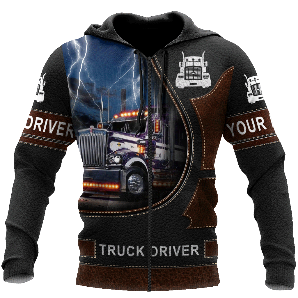 Personalized trucker zip hoodie featuring blue lightning truck driver all-over print, zip-front design
