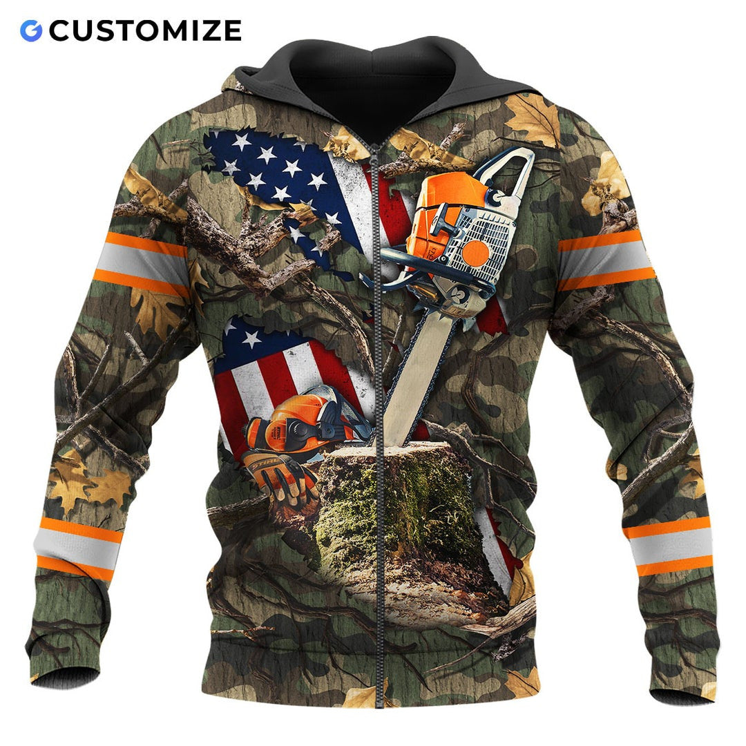 Personalized logger zip hoodie featuring woodland camouflage american flag chainsaw all-over print, zip-front design