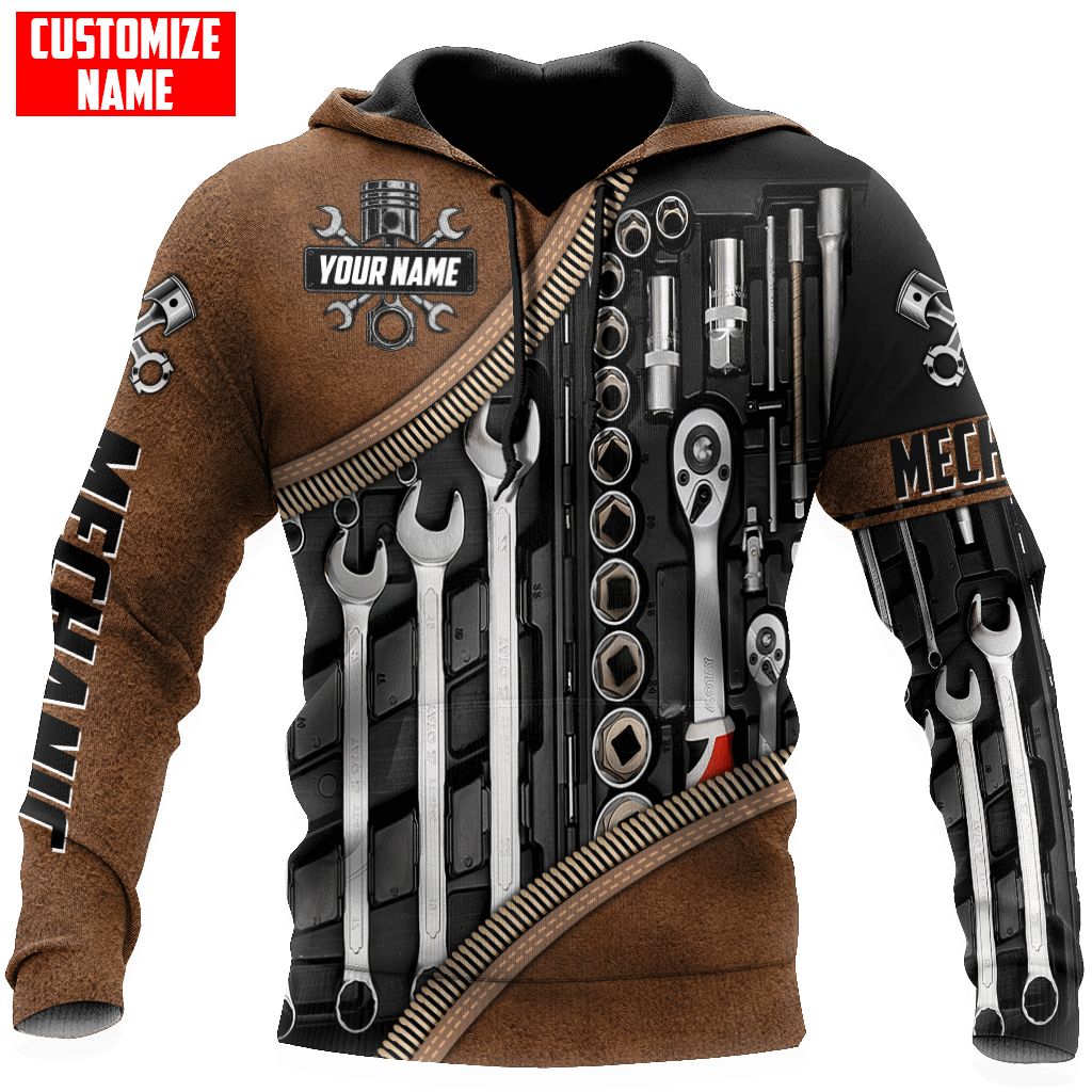 Personalized mechanic hoodie featuring brown tool roll wrench set all-over print