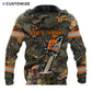 Personalized logger hoodie featuring woodland camouflage american flag chainsaw all-over print, back view