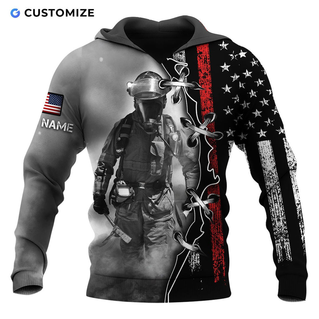 Personalized firefighter hoodie featuring grey firefighter flag print all-over print