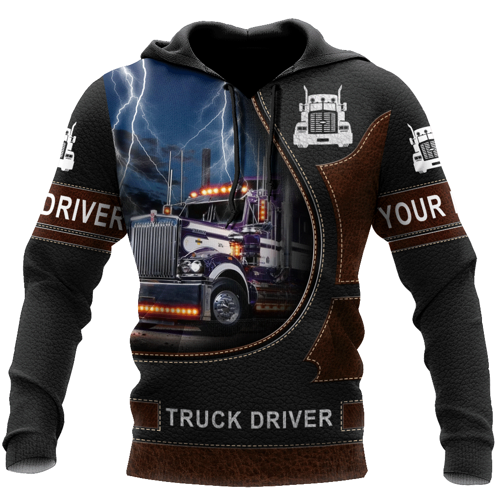 Personalized trucker hoodie featuring blue lightning truck driver all-over print