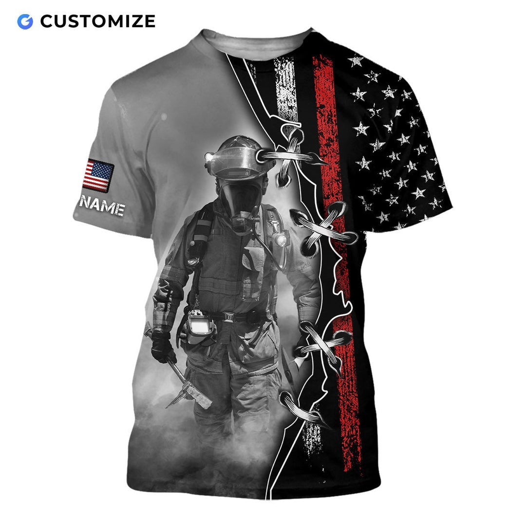 Personalized firefighter t-shirt featuring grey firefighter flag print all-over print, short-sleeve design