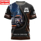 Personalized trucker t-shirt featuring blue lightning truck driver all-over print, short-sleeve design