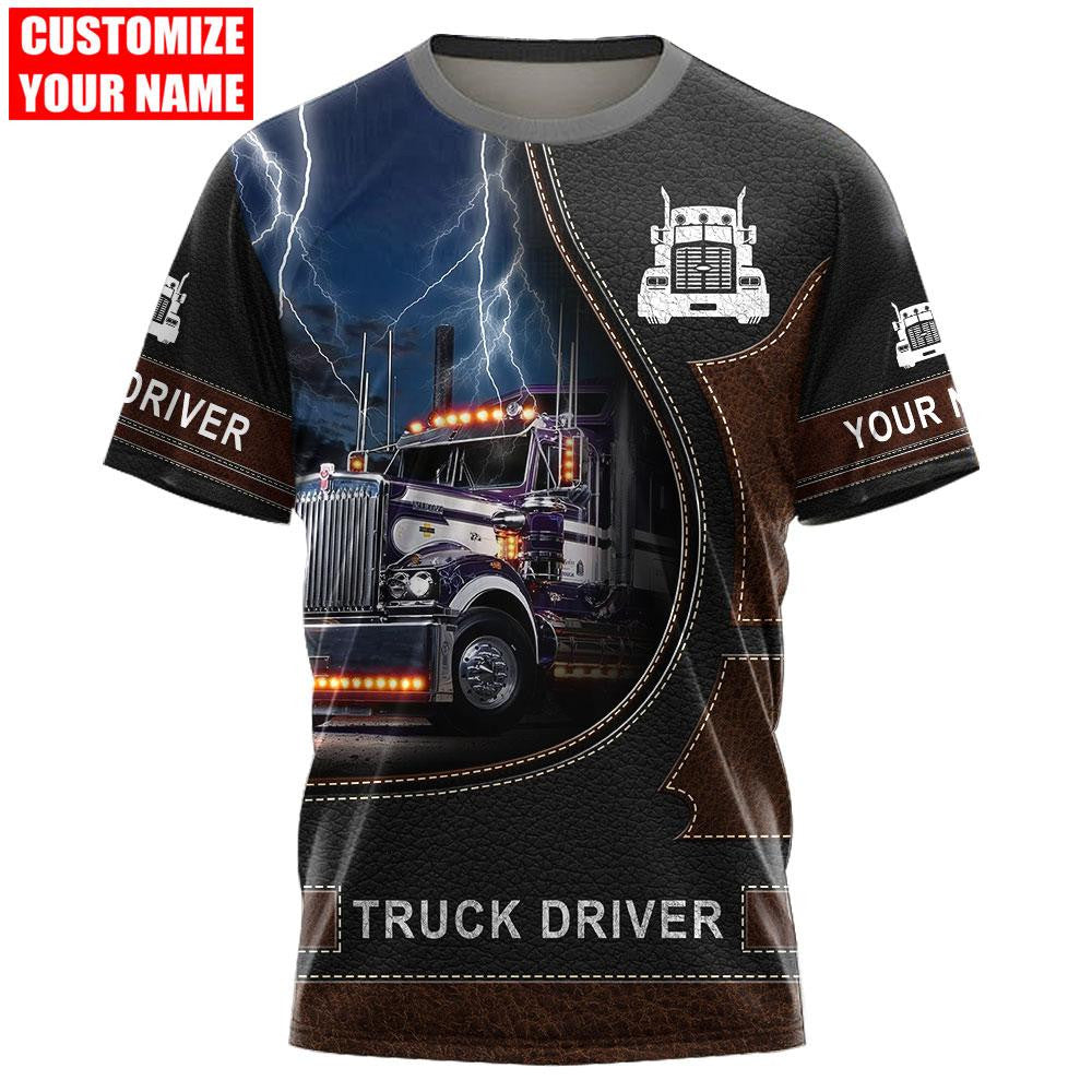 Personalized trucker t-shirt featuring blue lightning truck driver all-over print, short-sleeve design