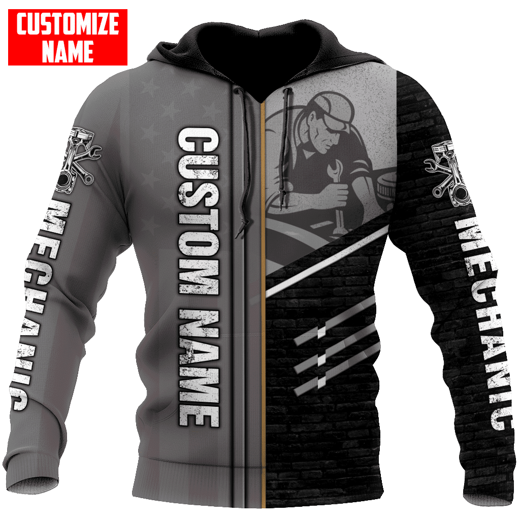 Personalized mechanic hoodie featuring grey black mechanic at work all-over print