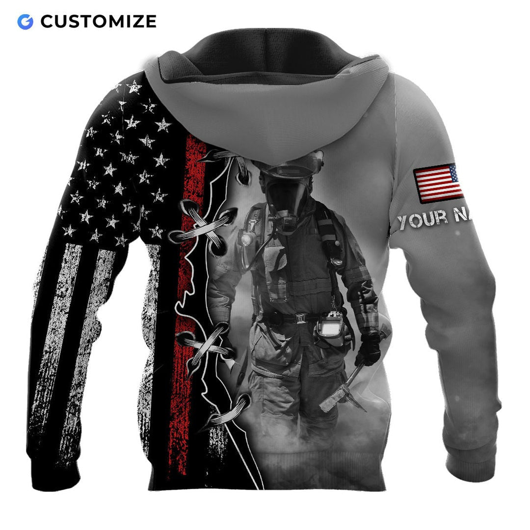 Personalized firefighter hoodie featuring grey firefighter flag print all-over print, back view