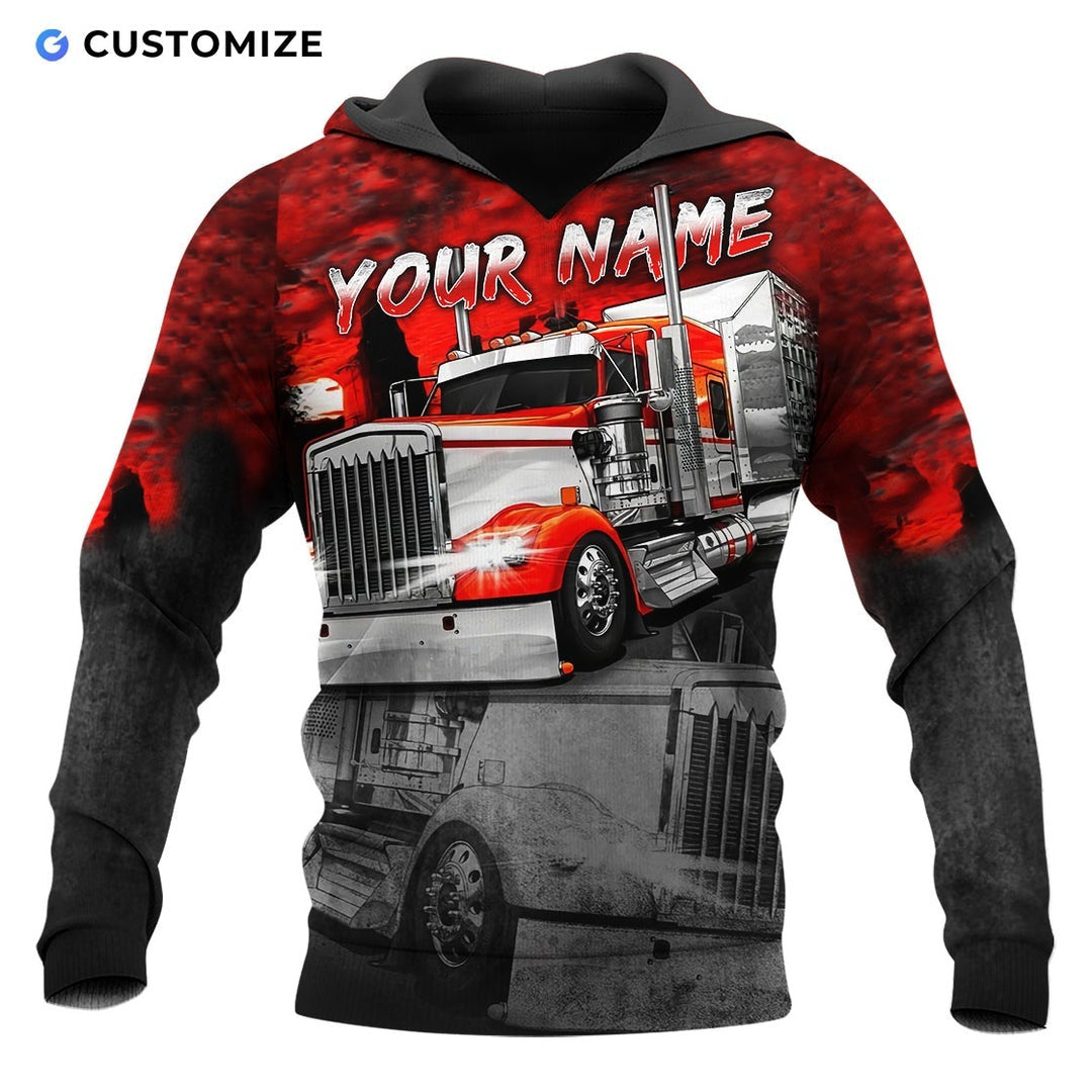 Personalized trucker hoodie featuring red black semi truck all-over print