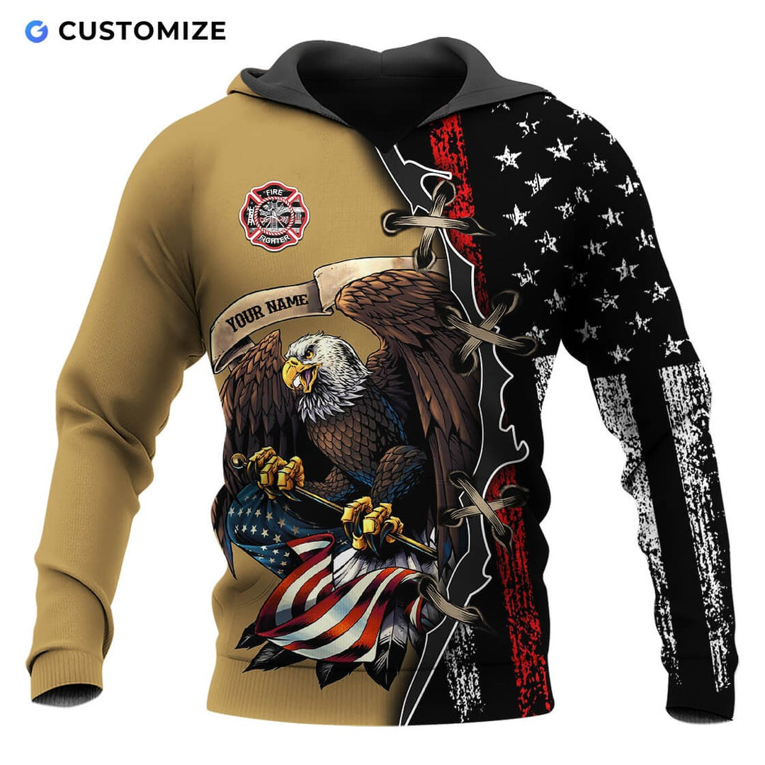 Personalized firefighter hoodie featuring eagle and distressed flag all-over print