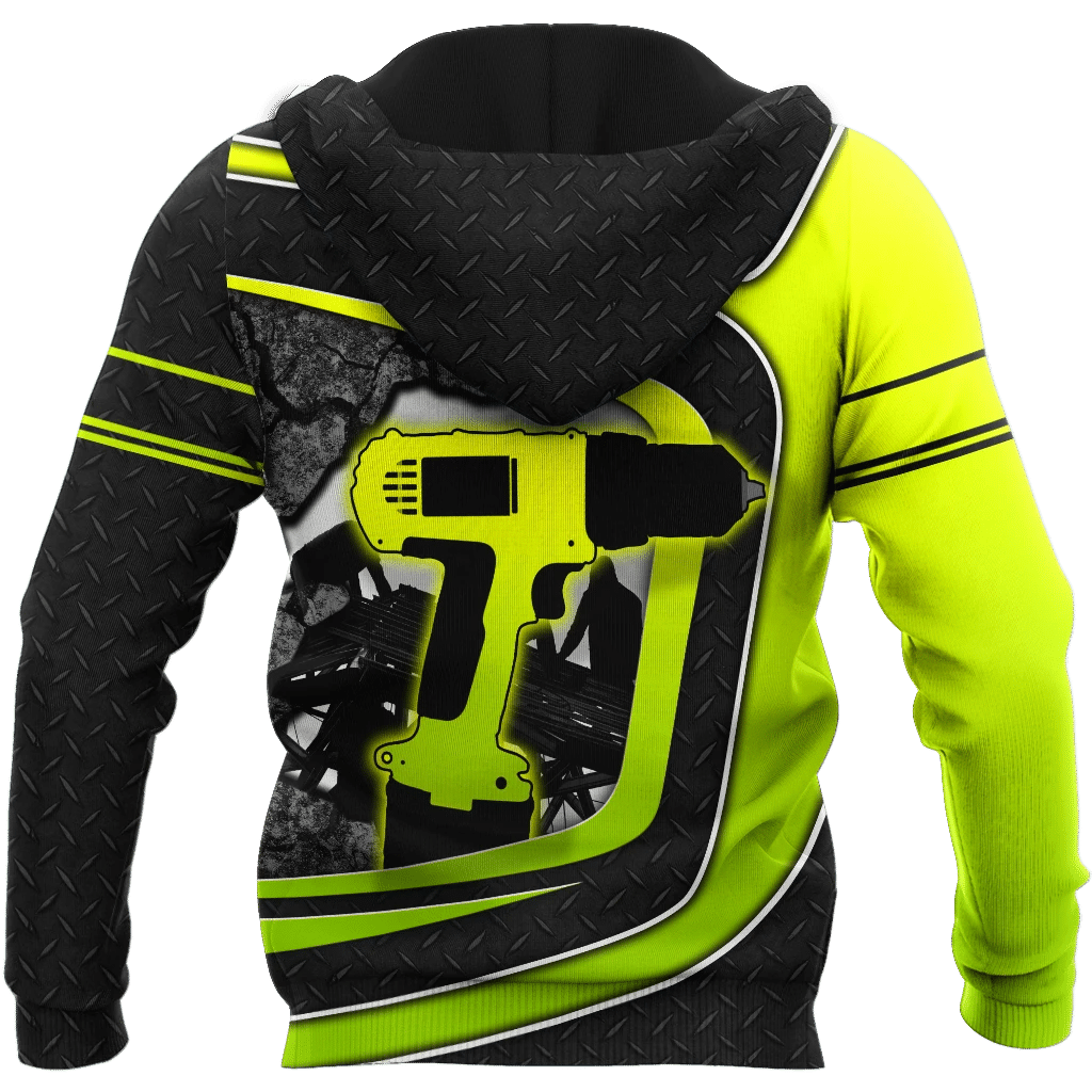 Personalized roofer apparel featuring neon yellow drill and roof frame all-over print