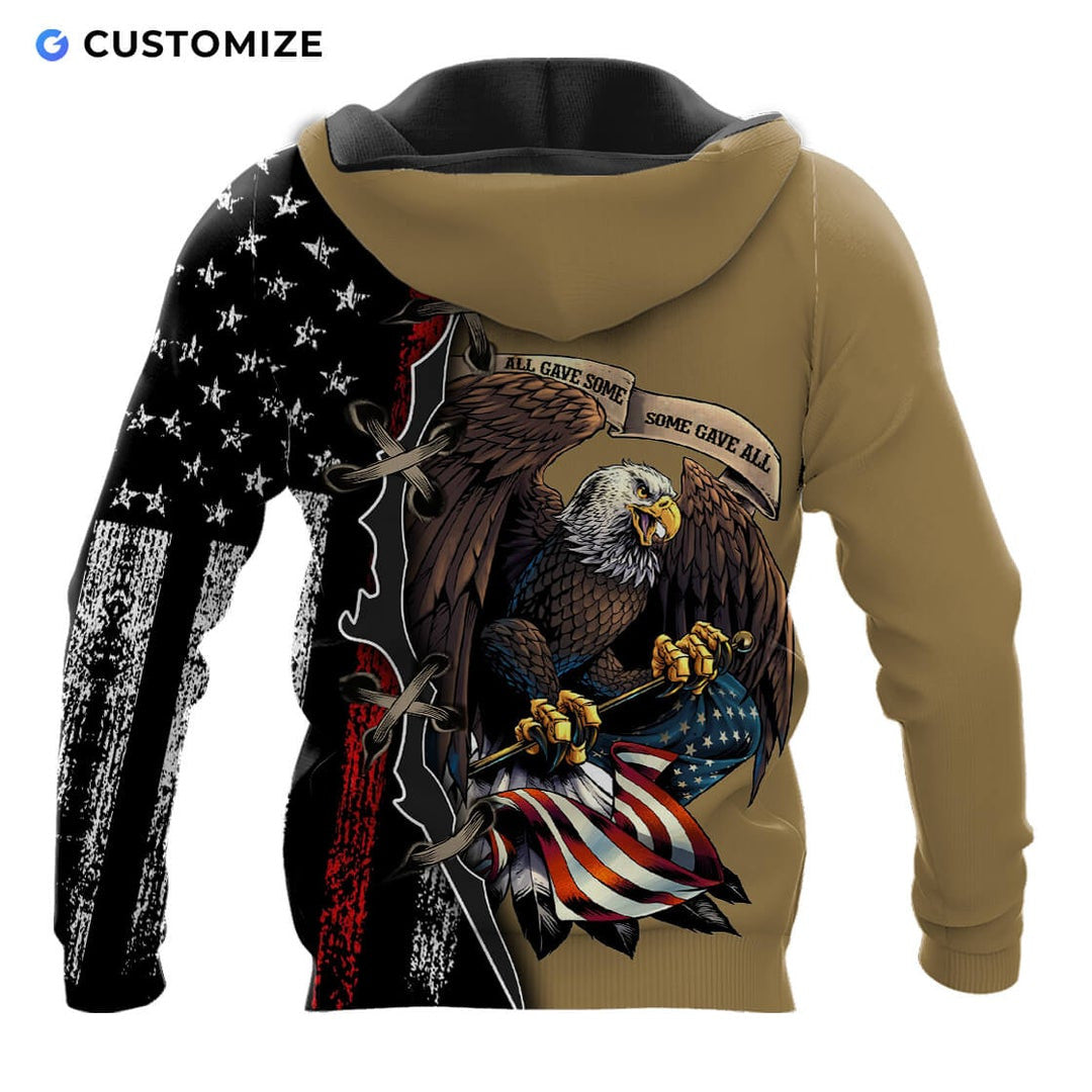 Personalized firefighter hoodie featuring eagle and distressed flag all-over print, back view