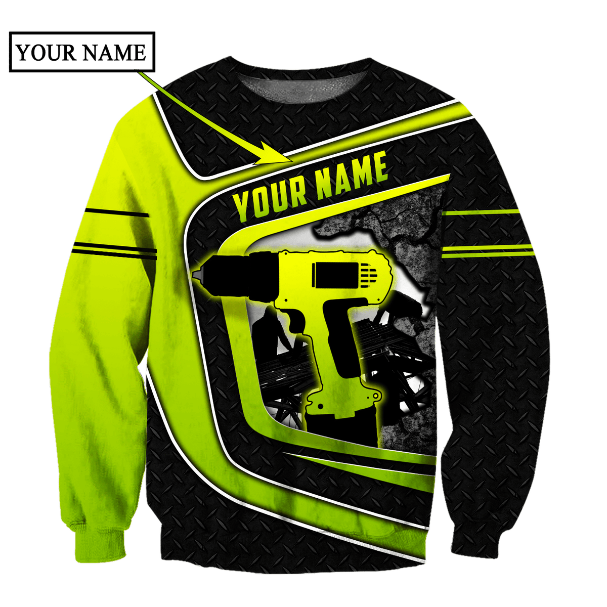 Personalized roofer sweatshirt featuring neon yellow drill and roof frame all-over print