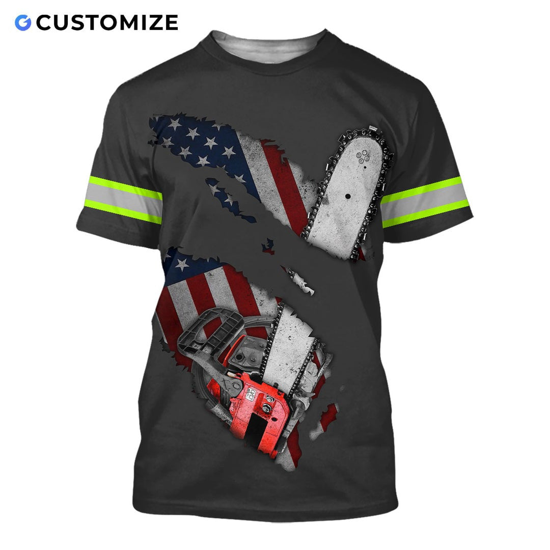 Personalized logger t-shirt featuring black american flag crossed chainsaws all-over print, short-sleeve design