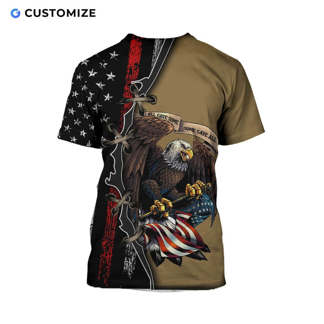 Personalized firefighter t-shirt featuring eagle and distressed flag all-over print, back view