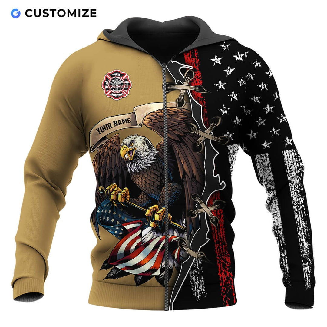 Personalized firefighter zip hoodie featuring eagle and distressed flag all-over print, zip-front design
