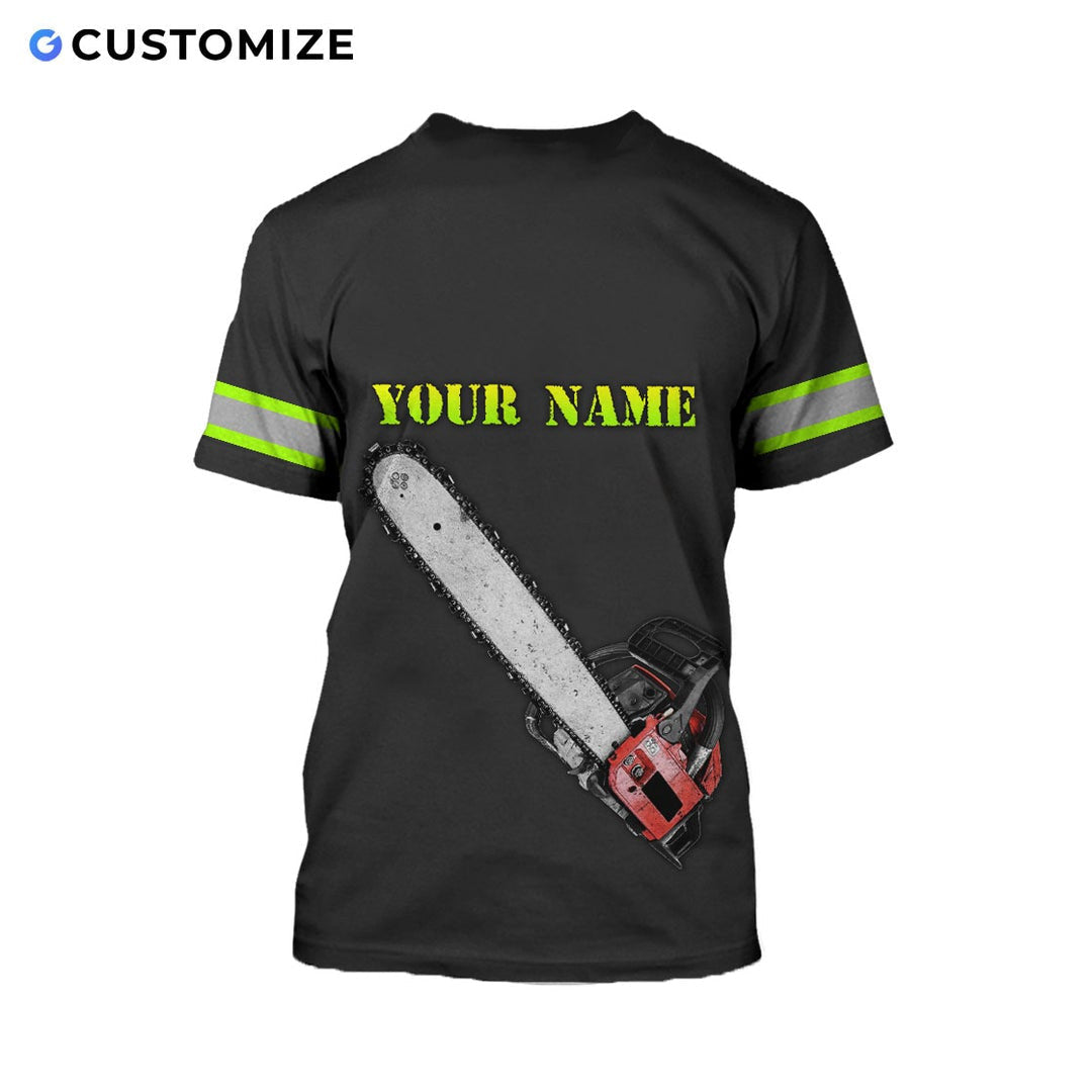 Personalized logger t-shirt featuring black american flag crossed chainsaws all-over print, back view