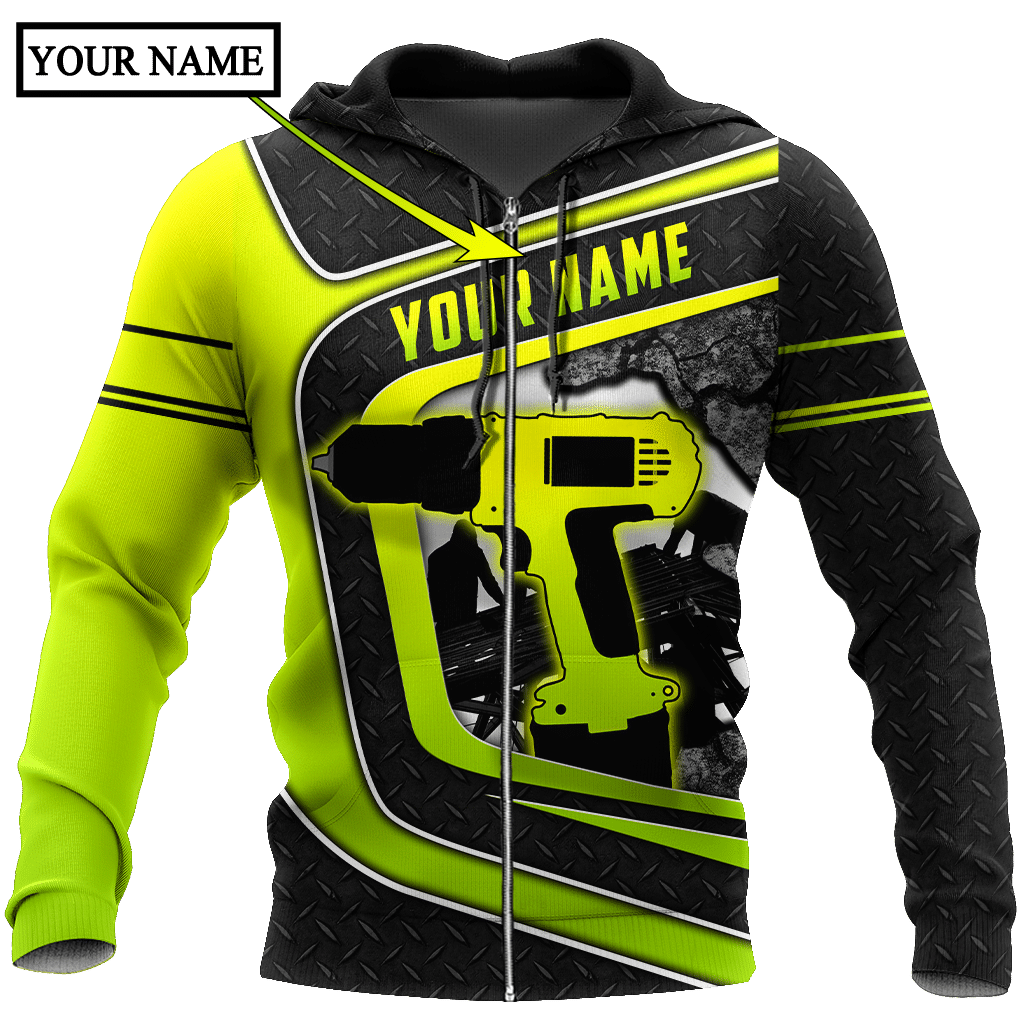 Personalized roofer zip hoodie featuring neon yellow drill and roof frame all-over print