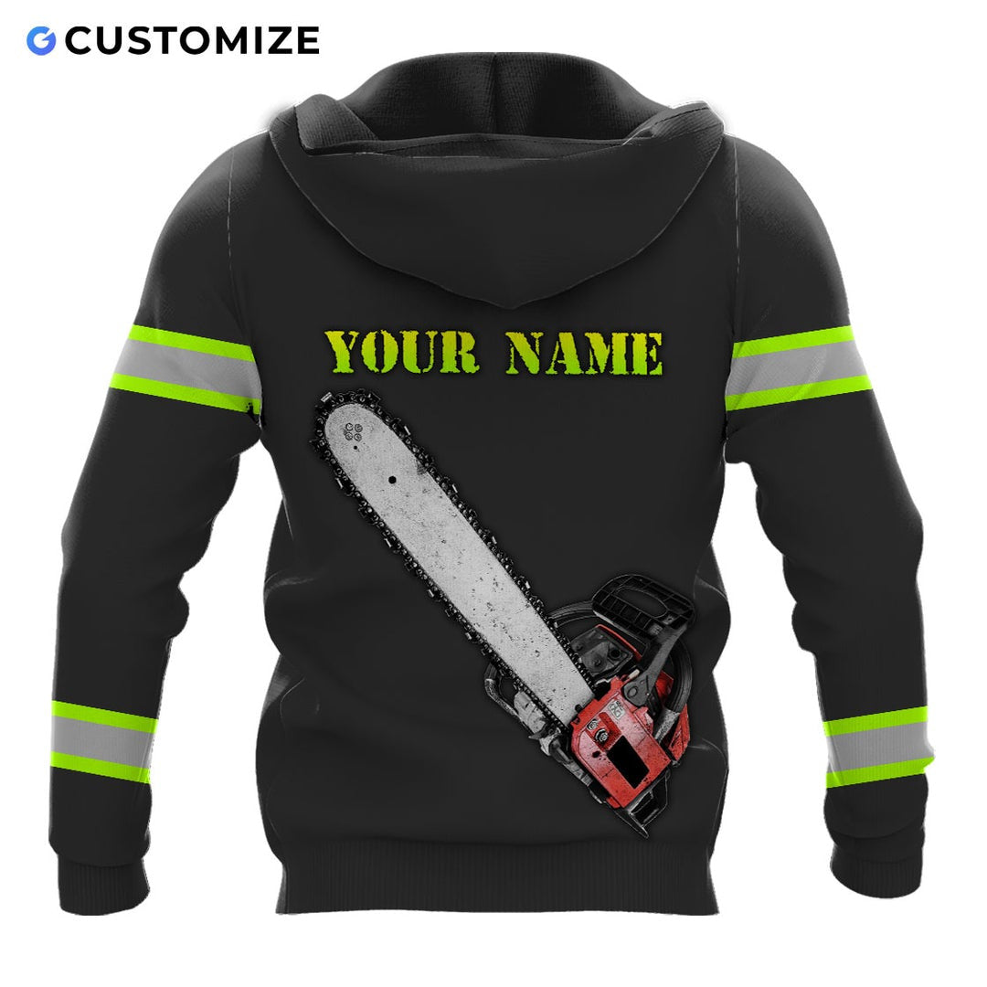 Personalized logger hoodie featuring black american flag crossed chainsaws all-over print, back view