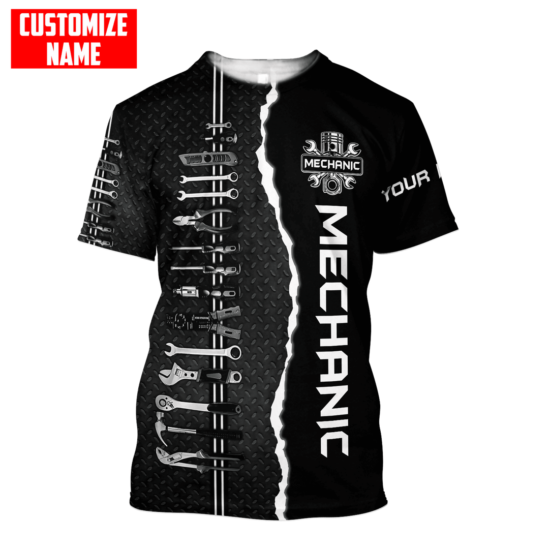 Personalized mechanic t-shirt featuring black and white wrench print all-over print, short-sleeve design