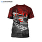 Personalized trucker t-shirt featuring red black semi truck all-over print, back view