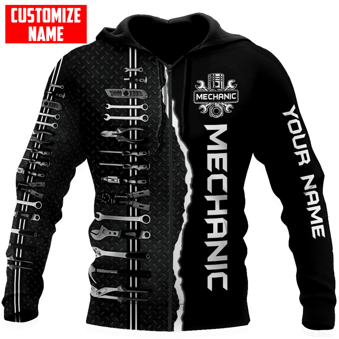 Personalized mechanic zip hoodie featuring black and white wrench print all-over print, zip-front design