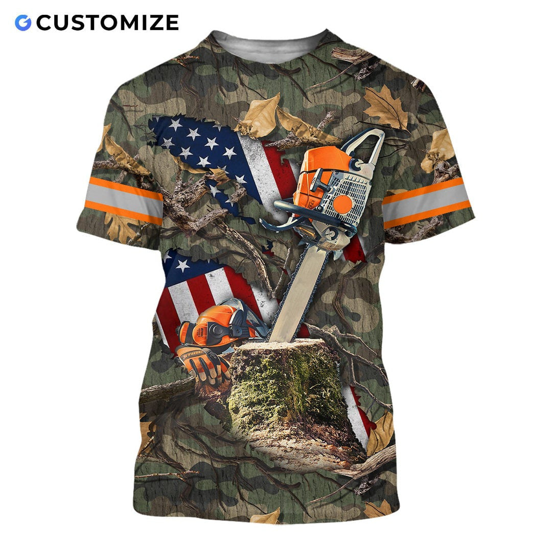 Personalized logger t-shirt featuring woodland camouflage american flag chainsaw all-over print, short-sleeve design