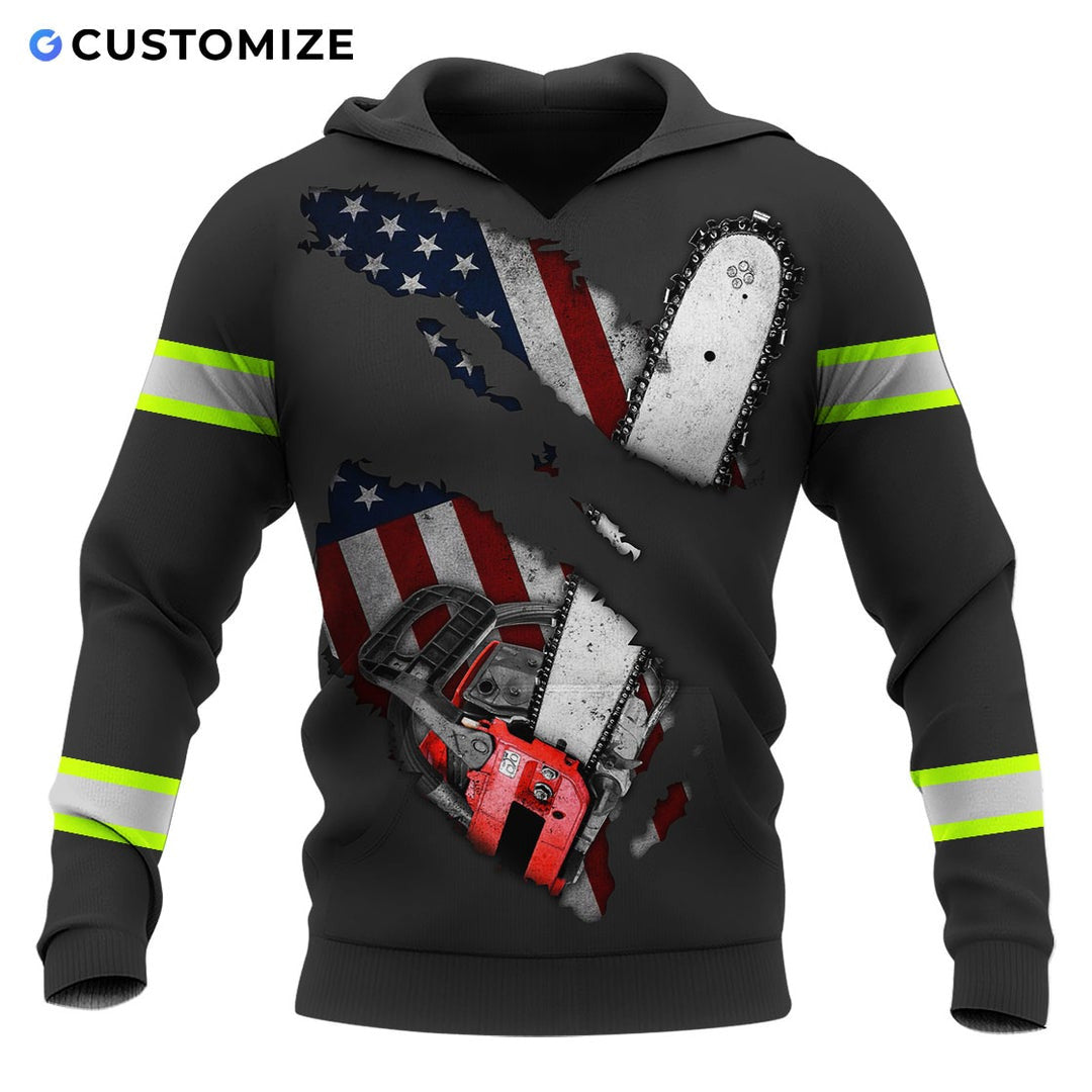 Personalized logger hoodie featuring black american flag crossed chainsaws all-over print