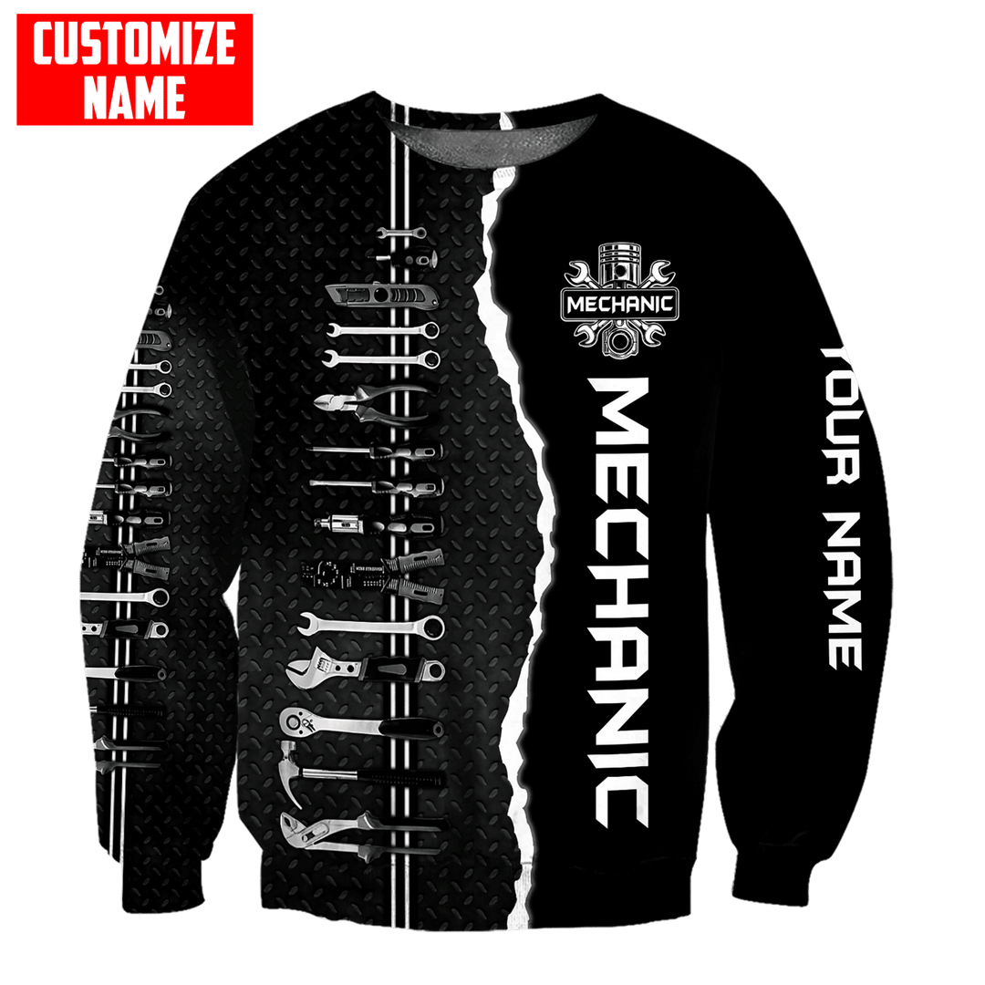 Personalized mechanic sweatshirt featuring black and white wrench print all-over print, crewneck design